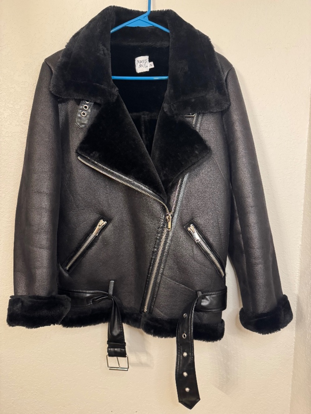Princess Polly Faux Leather Aviator Jacket S/M Black Fur